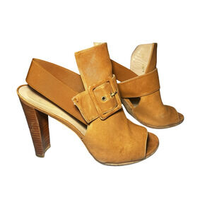 Stuart Weitzman Shoes Womens Size 8.5 Tan Leather Peep Toe Slingback Heels J3874